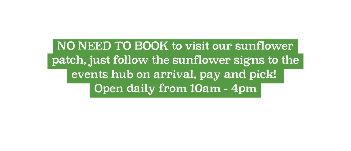 NO NEED TO BOOK to visit our sunflower patch just follow the sunflower signs to the events hub on arrival pay and pick Open daily from 10am 4pm